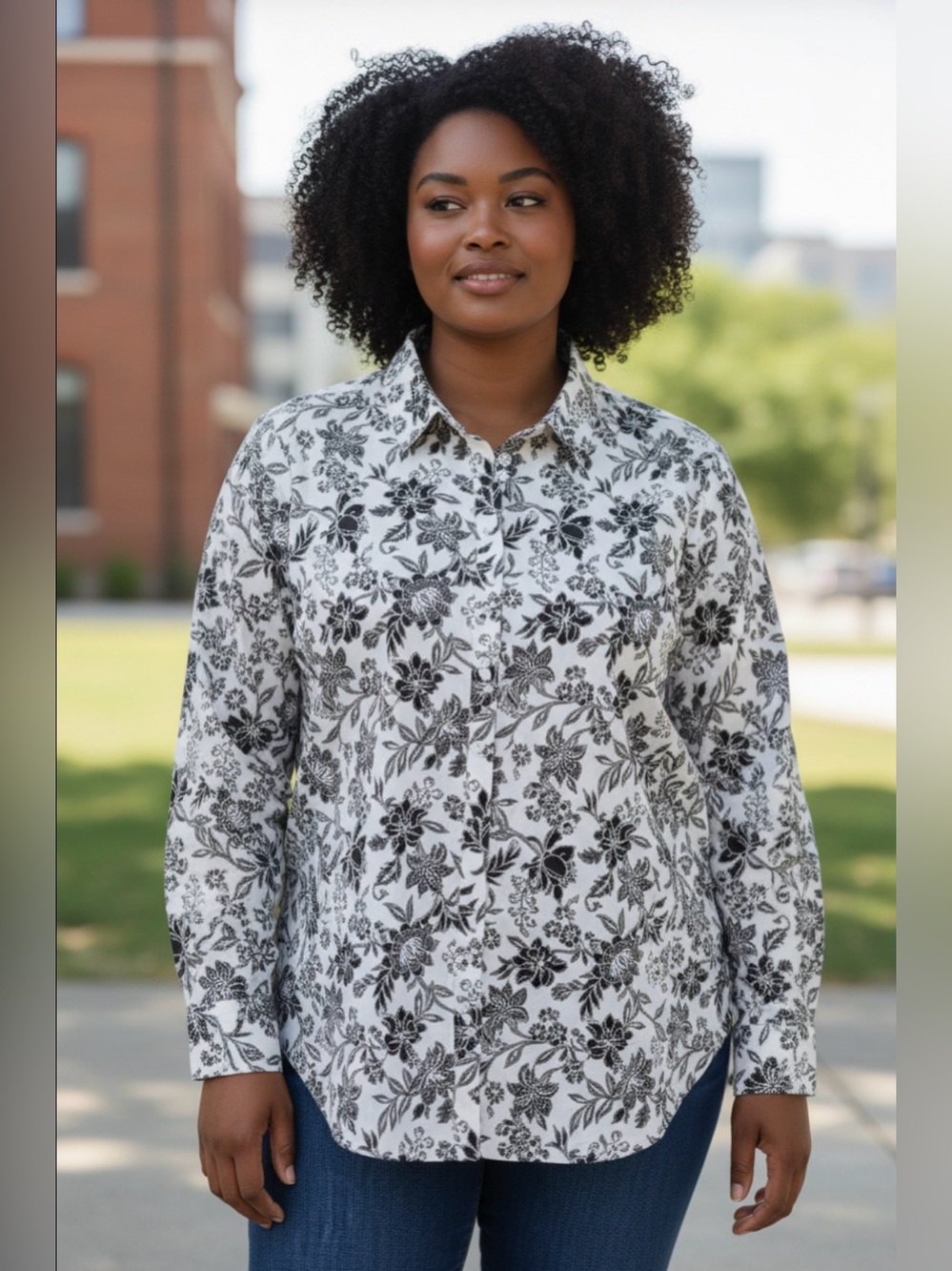 Lands End Women's Size 18 Tall No Iron‎ Supima Floral Button Shirt Black White